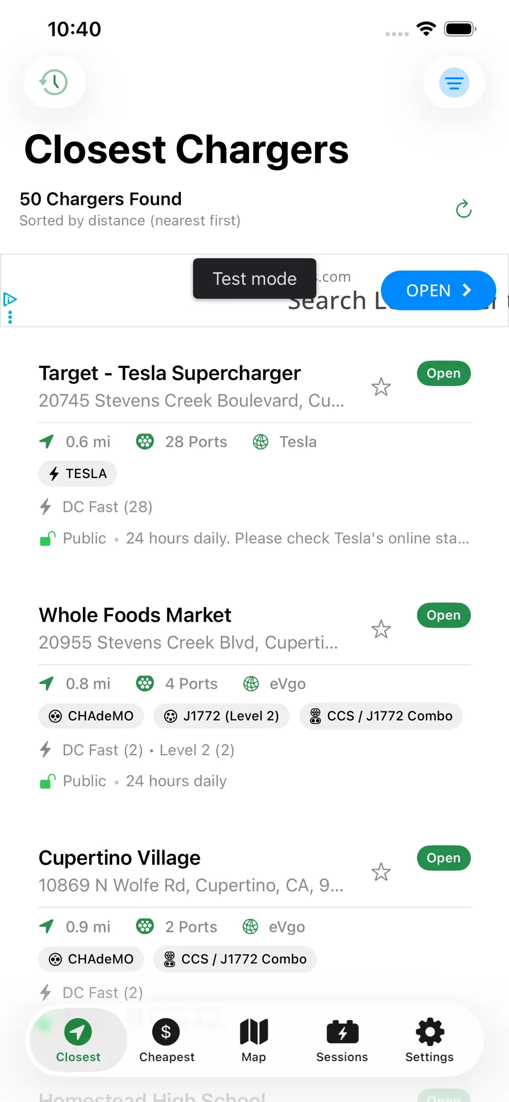 Closest chargers list sorted by distance with network and connector badges