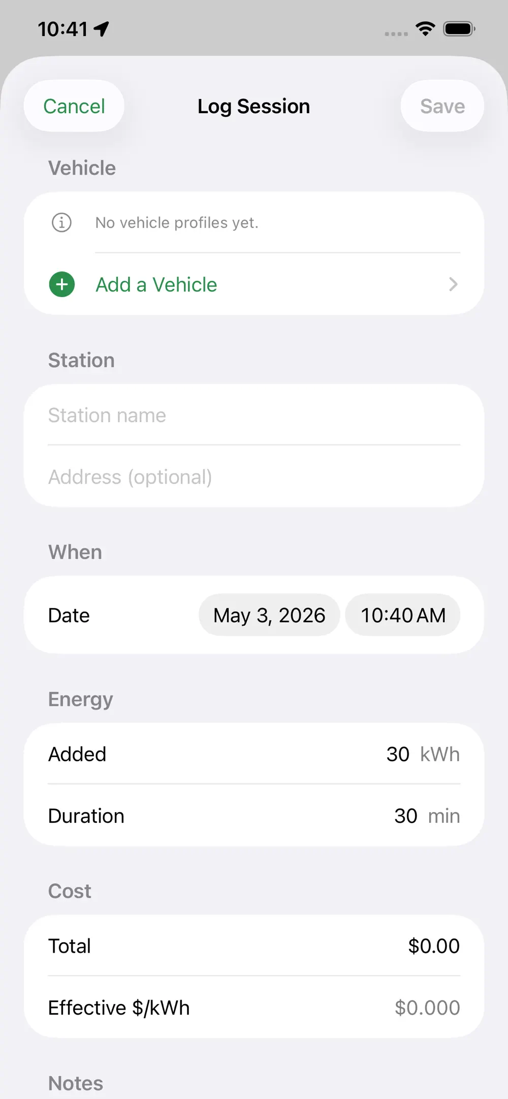 Log charging session screen: vehicle, station, date, energy in kWh, duration, and total cost