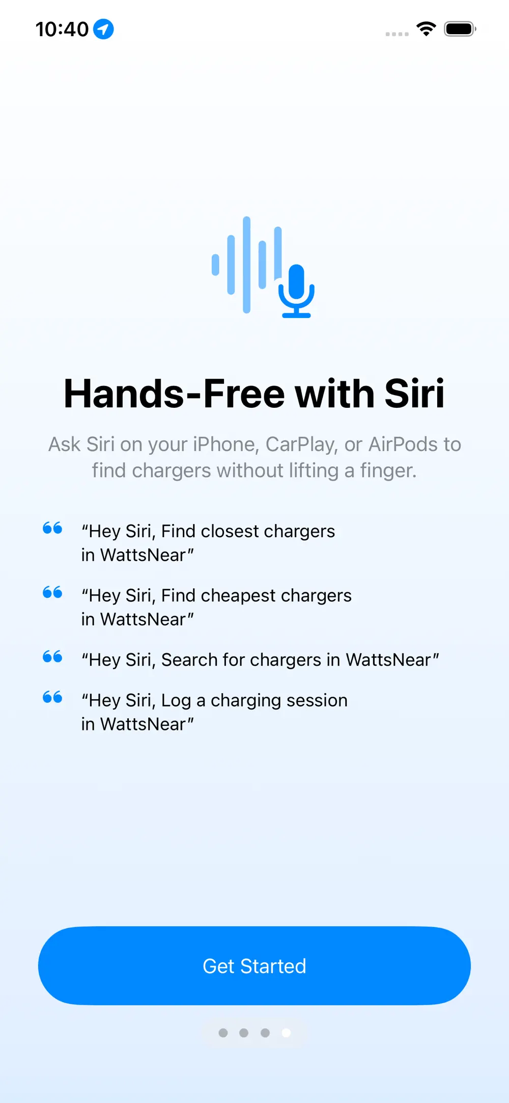 WattsNear hands-free Siri shortcuts: find closest, find cheapest, search, log session